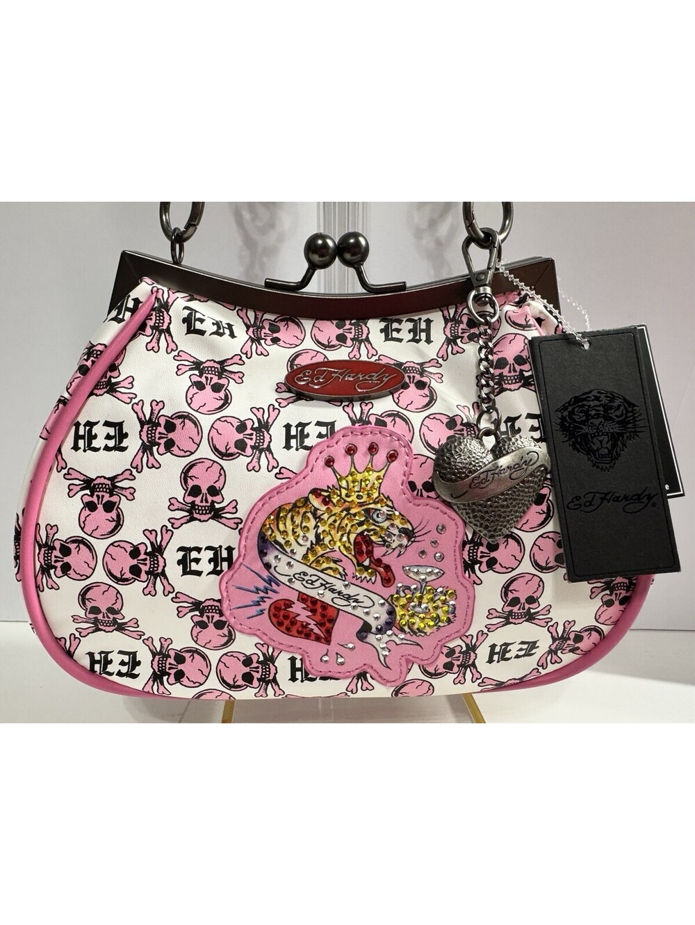 Ed Hardy Women's Pink Hollis Kiss Lock Bling Rhinestone Shoulder Bag NWT